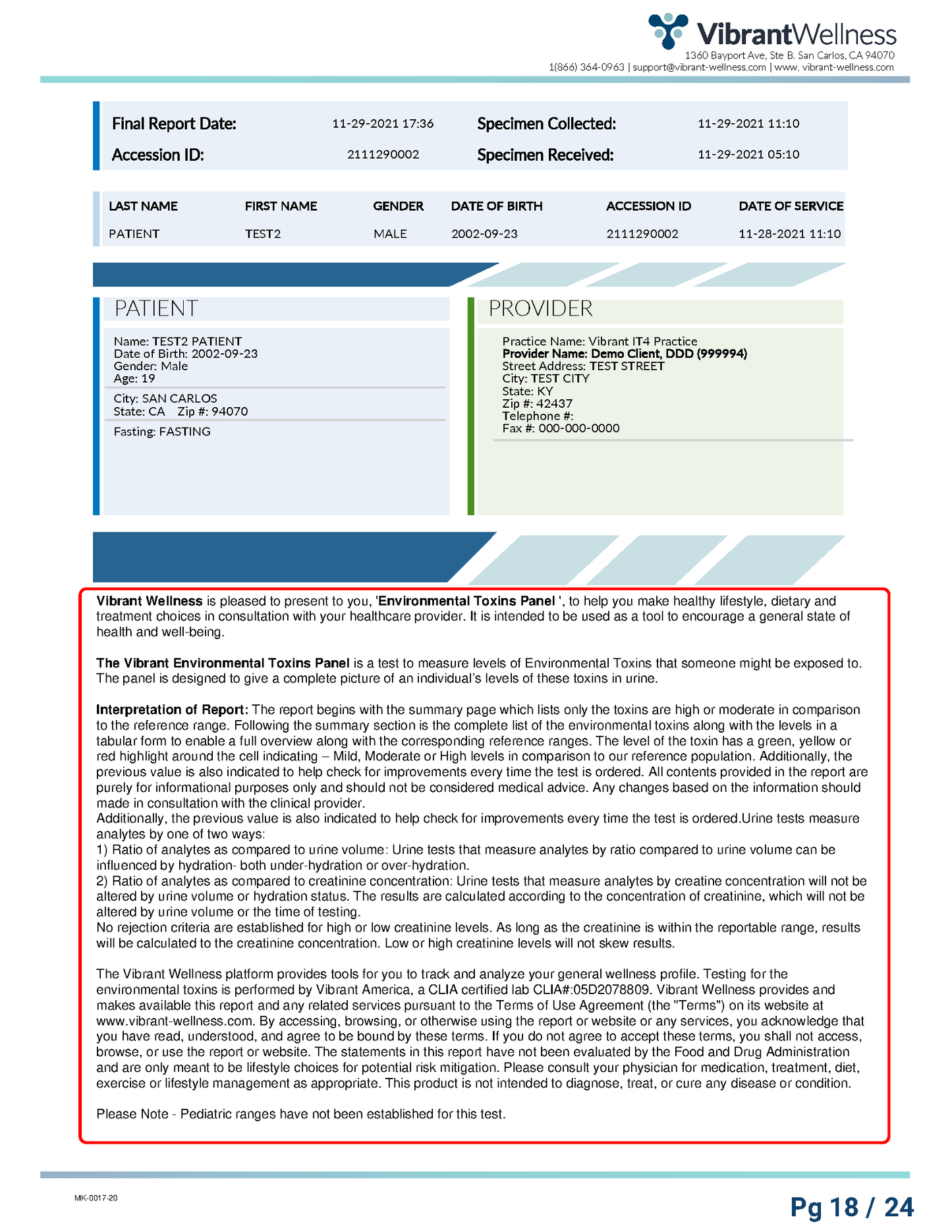 Vibrant America Total Tox Burden -Urine Sample